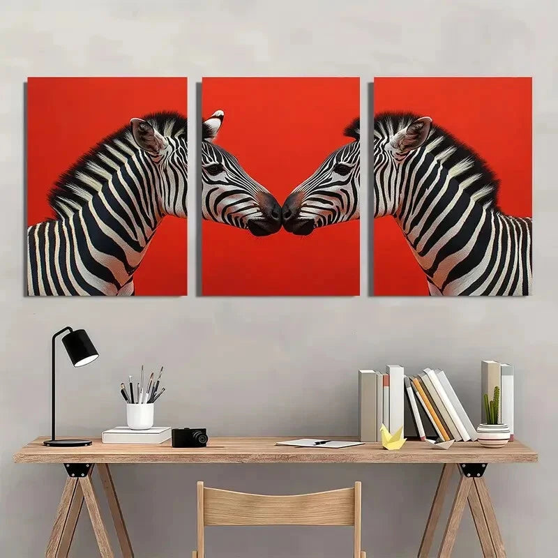 3pcs Black & White Zebras on Red Metal Print Ready to Hang Art