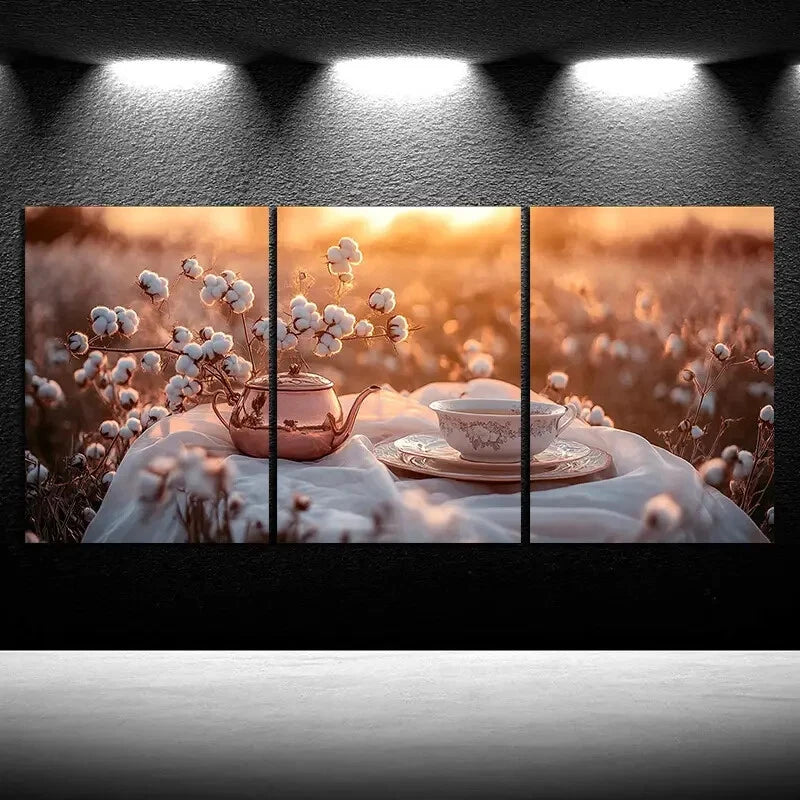 3pcs Teapots and Cups in The Fields Metal Print Ready to Hang Art