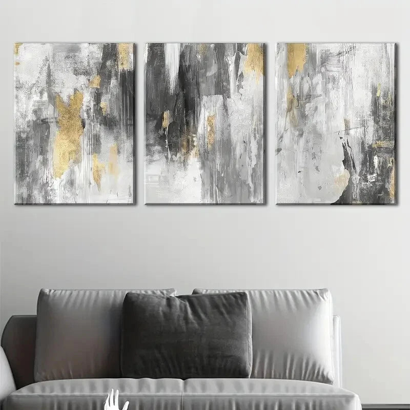 3pcs Golden And Grey Abstract Murals Perfect Wall Art Set Canvas Framed 40x60cm - High Quality Print 100% Australian Made Wall Canvas Ready to Hang