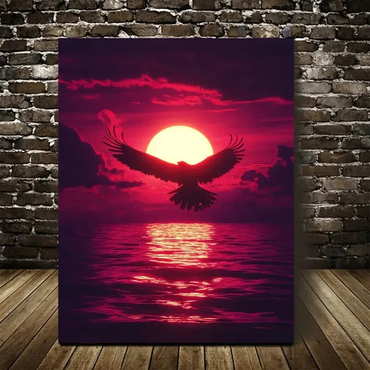Eagle Soaring Under Glowing Sunset Sky Painting 40x60cm Metal Print Ready to Hang