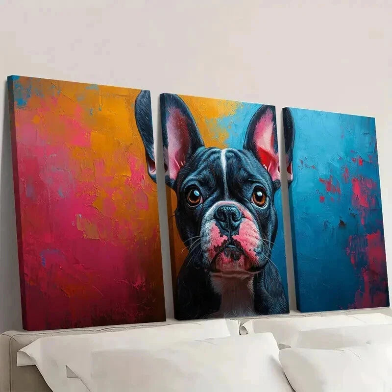 3pcs Abstract Bulldog Pink Blue Splash Dog Wall Art Set Canvas Framed 40x60cm - High Quality Print 100% Australian Made Wall Canvas Ready to Hang