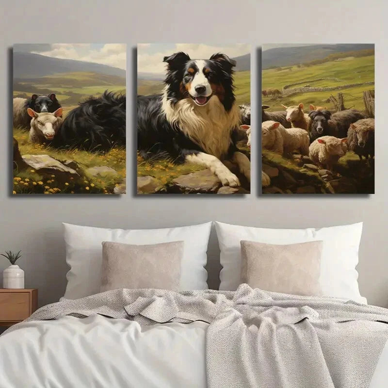 3pcs Sheepdog & Sheep Meadow Scene Perfect Wall Art Set Canvas Framed 40x60cm - High Quality Print 100% Australian Made Wall Canvas Ready to Hang