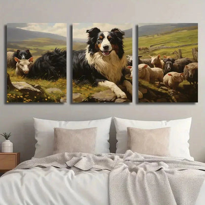 3pcs Sheepdog & Sheep Meadow Scene Perfect Wall Art Set Canvas Framed 40x60cm - High Quality Print 100% Australian Made Wall Canvas Ready to Hang