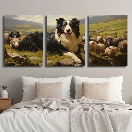 3pcs Sheepdog & Sheep Meadow Scene Perfect Wall Art Set Canvas Framed 40x60cm - High Quality Print 100% Australian Made Wall Canvas Ready to Hang