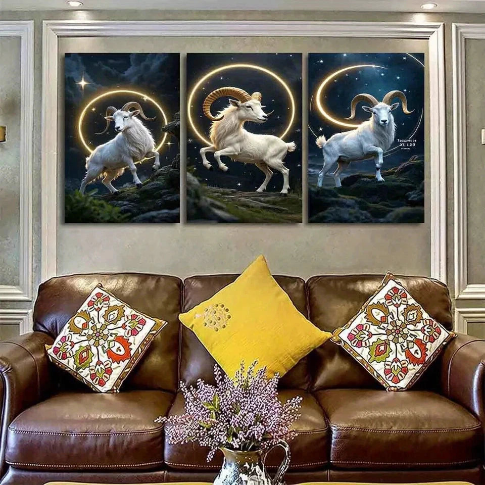 3pcs Celestial Night Sky Stars & Golden Circles Metal Print Ready to Hang Art