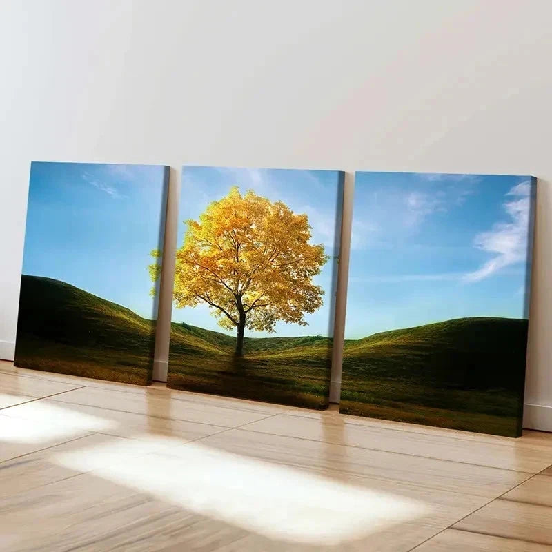 3pcs Golden Trees In The Valley Modern Wall Art Set Canvas Framed 40x60cm - High Quality Print 100% Australian Made Wall Canvas Ready to Hang