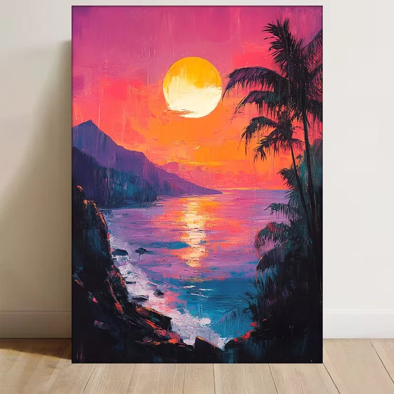 Pink & Blue Ocean Waves, Tropical Palm Trees 60x90cm Metal Print Ready to Hang