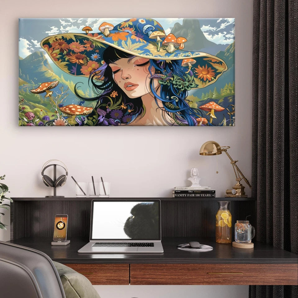 Cute Fantasy Girl with Floral Hat Wall Art Canvas Office Home Framed 120x60cm