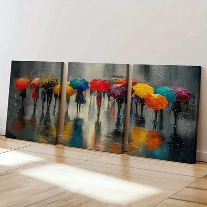 3pcs Rainy Day Colorful Umbrellas Wall Art Set Canvas Framed 40x60cm - High Quality Print 100% Australian Made Wall Canvas Ready to Hang