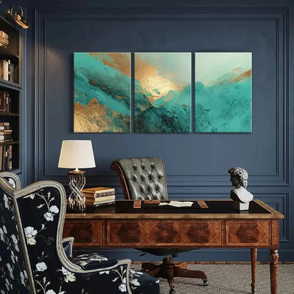 3pcs Modern Abstract Teal & Golden Fusion Metal Print Ready to Hang Art