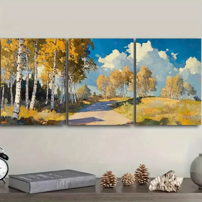 3pcs Autumn Birch Forest Scene Classic Modern Metal Print Ready to Hang Art