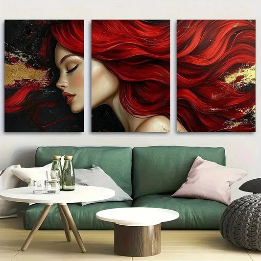 3pcs Dynamic Red Hair Art Glamorous Perfect Wall Art Set Canvas Framed 40x60cm - High Quality Print 100% Australian Made Wall Canvas Ready to Hang