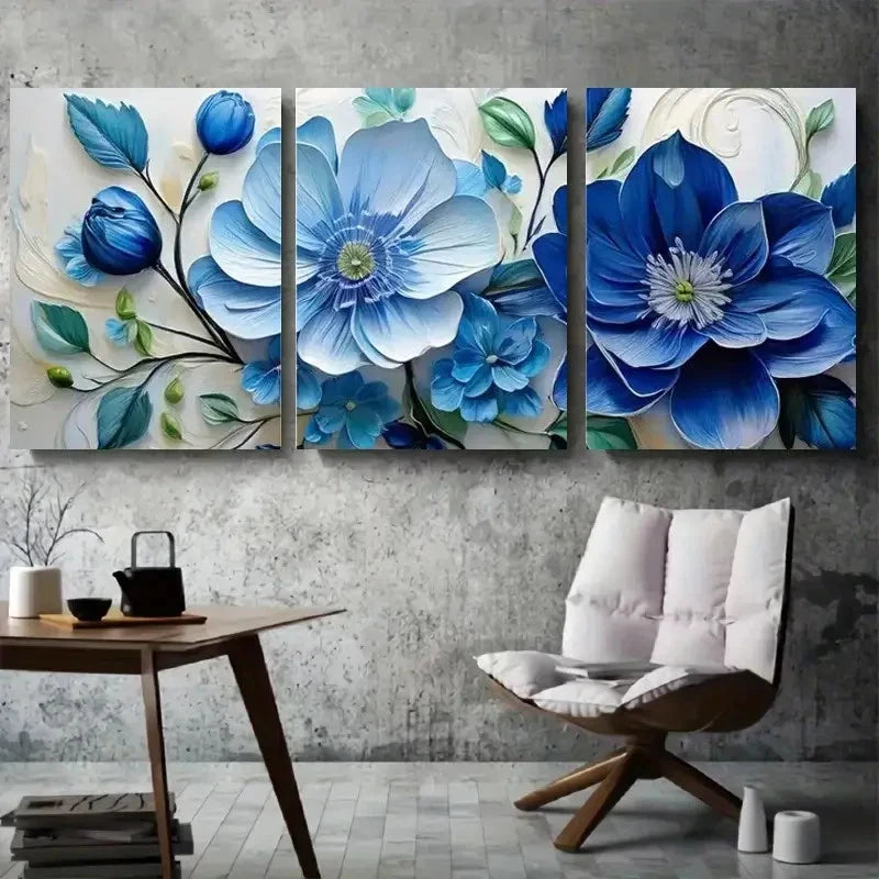 3pcs Elegant Blue Floral Design Metal Print Ready to Hang Art