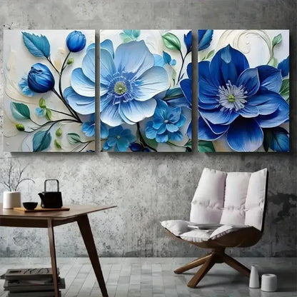 3pcs Elegant Blue Floral Design Metal Print Ready to Hang Art