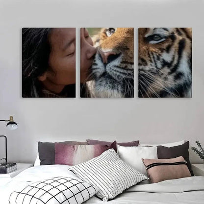 3pcs A Tiger & Girl Pure Connection  Wall Art Set Canvas Framed 60x90cm - High Quality Print 100% Australian Made Wall Canvas Ready to Hang
