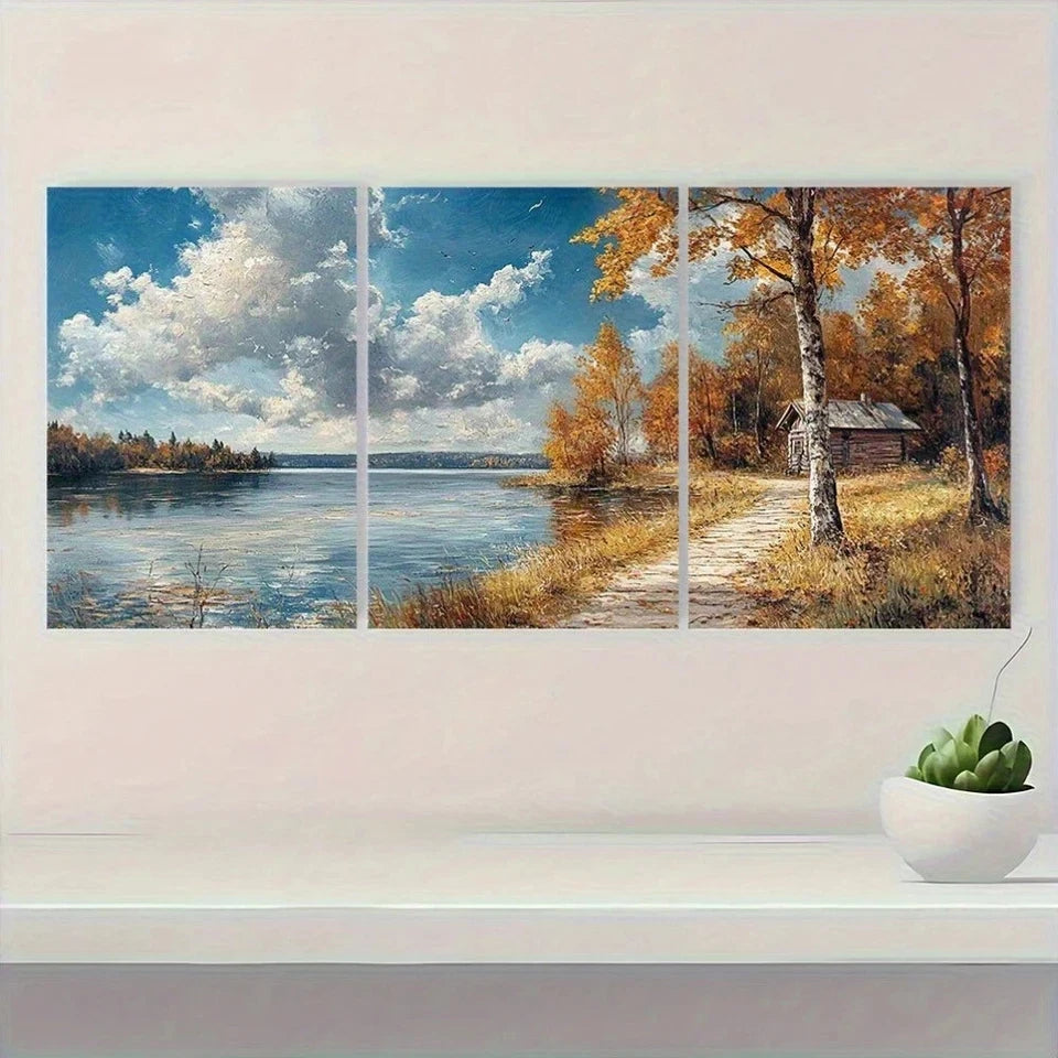 3pcs Rustic Lake House Painting Nature Metal Print Ready to Hang Art