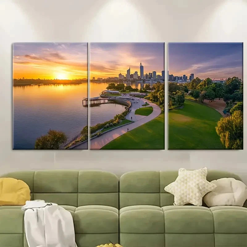 3pcs Perth Australia Travel Poster Australia Wall Art Set Canvas Framed 50x70cm - High Quality Print 100% Australian Made Wall Canvas Ready to Hang