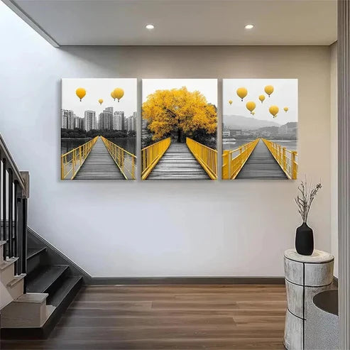 3pcs Yellow Bridge and Hot Air Balloon Perfect Wall Art Set Canvas Unframed - High Quality Print 100% Australian Made Wall Canvas