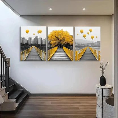 3pcs Yellow Bridge and Hot Air Balloon Perfect Wall Art Set Canvas Unframed - High Quality Print 100% Australian Made Wall Canvas