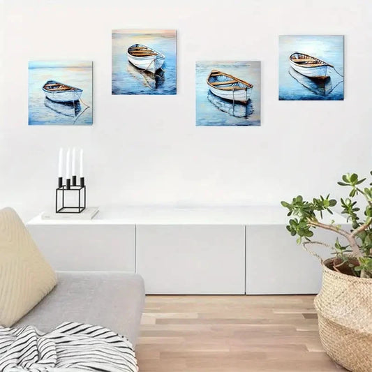 4pcs  Coastal Light Blue Sailboat Wall Art Canvas Framed