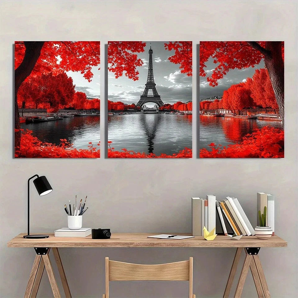 3pcs Eiffel Tower Black & White Red Accents Metal Print Ready to Hang Art