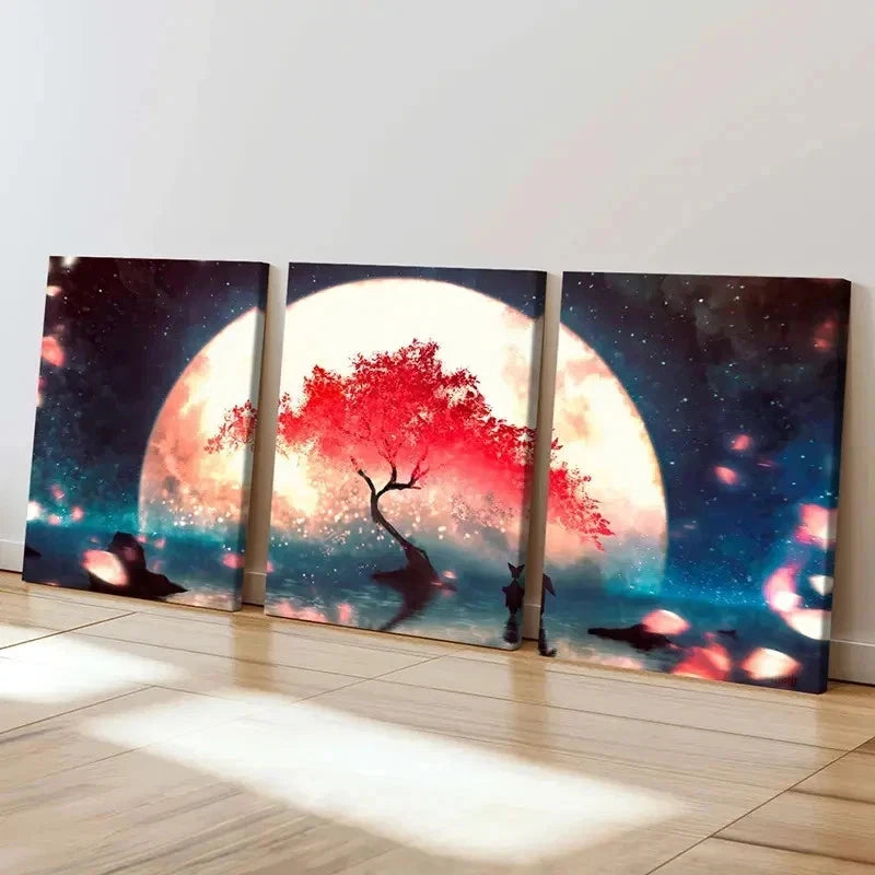 3pcs Fantasy Anime Cherry Blossom Landscape Wall Art Set Canvas Framed 40x60cm - High Quality Print 100% Australian Made Wall Canvas Ready to Hang