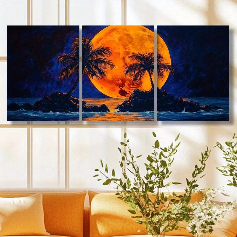 3pcs Tropical Palm Tree Vibrant Sunset Scene Metal Print Ready to Hang Art
