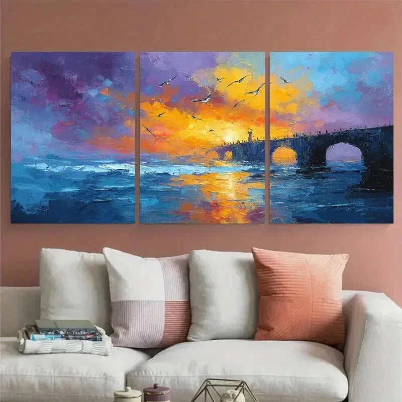 3pcs Bridge And Seagulls Sunrise Perfect Wall Art Set Canvas Framed 40x60cm - High Quality Print 100% Australian Made Wall Canvas Ready to Hang
