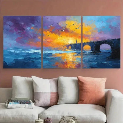 3pcs Bridge And Seagulls Sunrise Perfect Wall Art Set Canvas Framed 40x60cm - High Quality Print 100% Australian Made Wall Canvas Ready to Hang