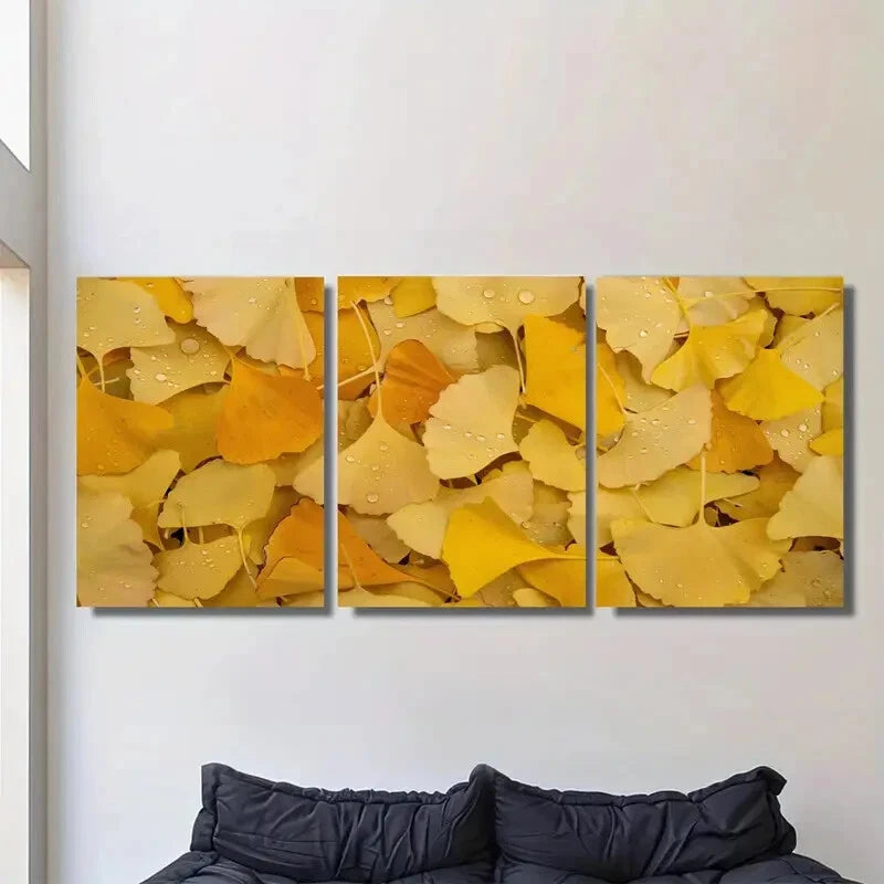 3pcs Golden Ginkgo Leaves Metal Print Ready to Hang Art