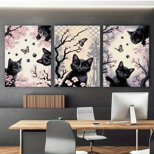 3pcs Black Cat & Butterfly Style Floral & Fauna Metal Print Ready to Hang Art