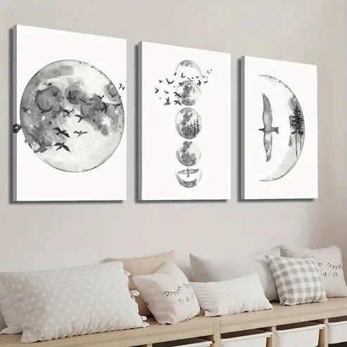 3pcs Black and White Moon Phase Wall Art Set Canvas Unframed - High Quality Print 100% Australian Made Wall Canvas