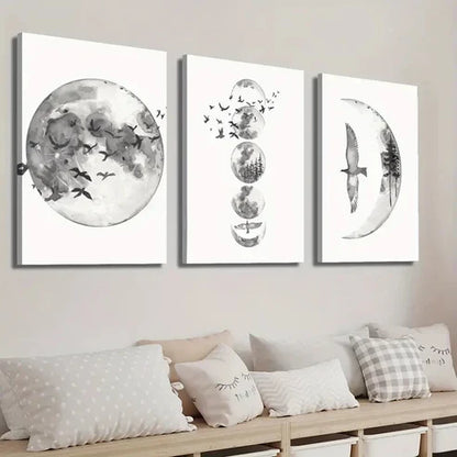 3pcs Black and White Moon Phase Wall Art Set Canvas Unframed - High Quality Print 100% Australian Made Wall Canvas