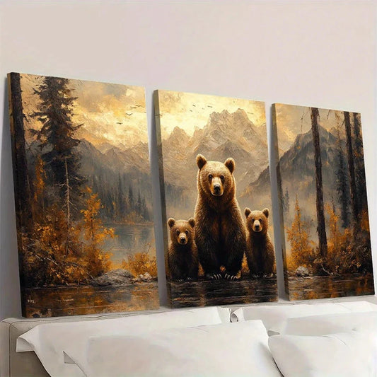 Triptych painting of bears by a lake with mountains in the background