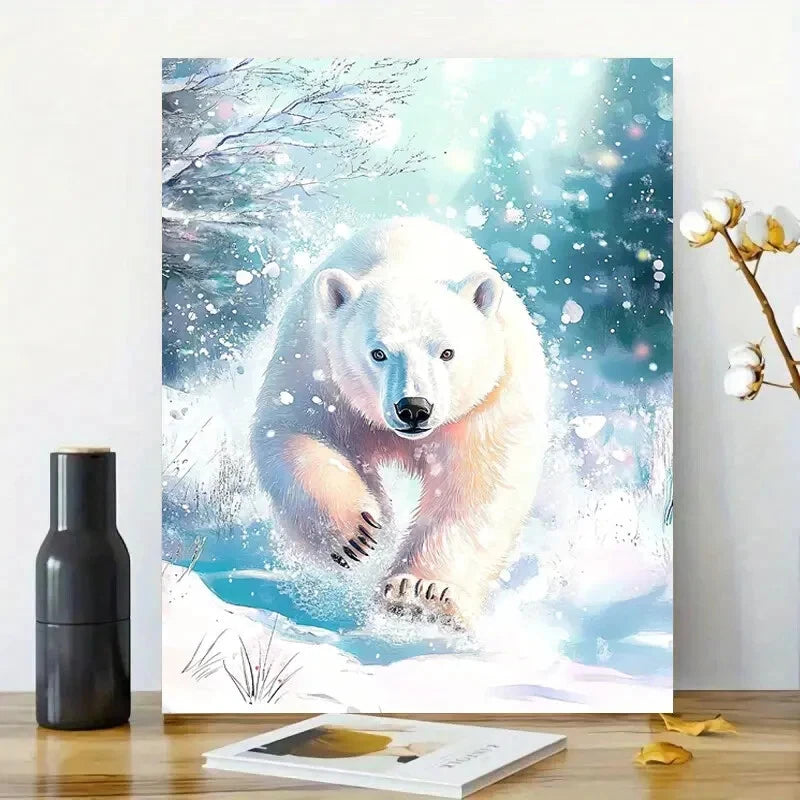 Dynamic White Polar Bear In Snowy Landscape Painting 40x60cm Metal Print Ready to Hang