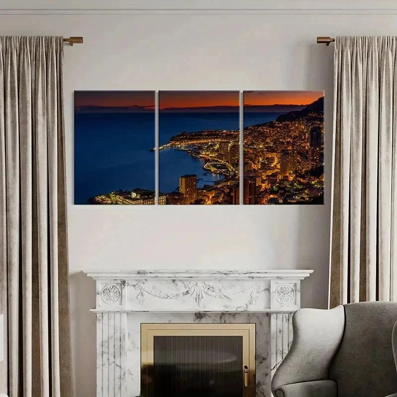 3pcs City Scenery Night Scene Coastline Wall Art Set Canvas Framed 40x60cm - High Quality Print 100% Australian Made Wall Canvas Ready to Hang