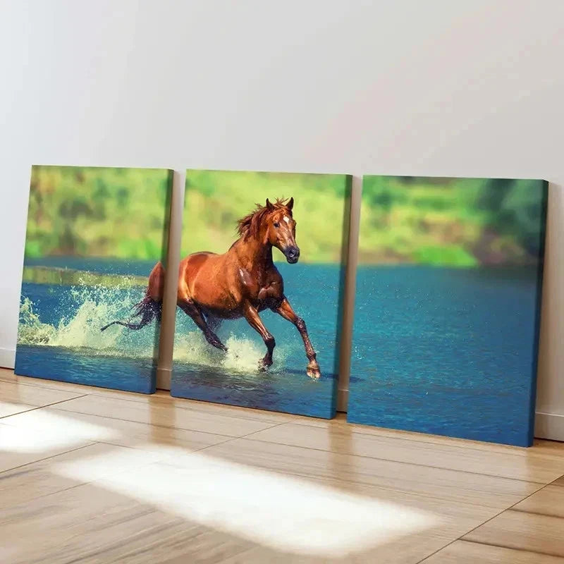 3pcs Majestic Running Horses in Water Wall Art Set Canvas Framed 40x60cm - High Quality Print 100% Australian Made Wall Canvas Ready to Hang
