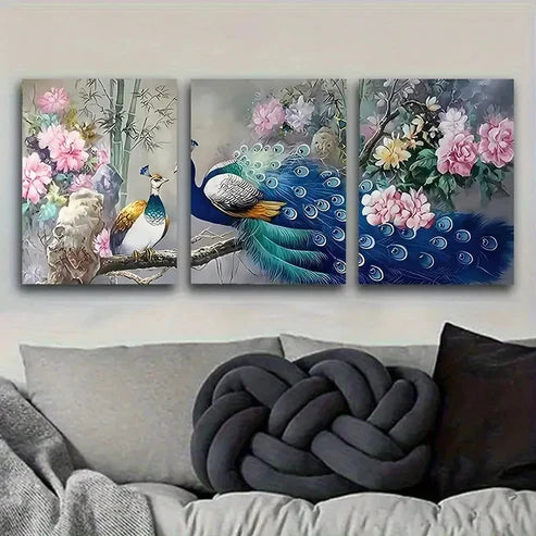 3pcs PeaRooster and Flowers Illustration Wall Art Set Canvas Unframed - High Quality Print 100% Australian Made Wall Canvas