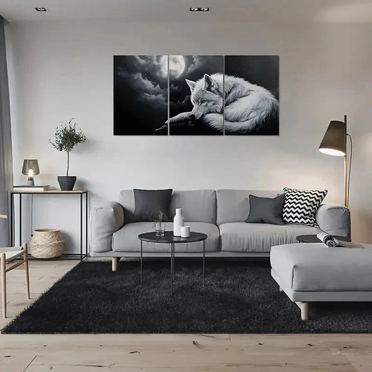 3pcs Black and White Wolf Moonlit Night Wall Art Set Canvas Framed 60x90cm - High Quality Print 100% Australian Made Wall Canvas Ready to Hang