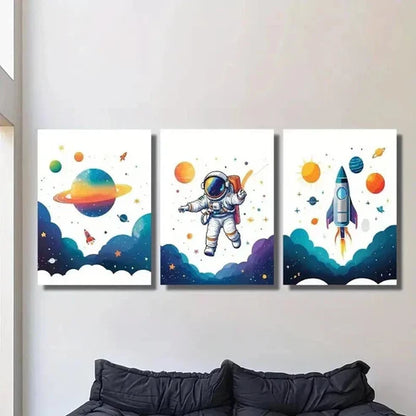 3pcs Cute Astronaut Traveling Planet & Rockets Wall Art Set Canvas Unframed - High Quality Print 100% Australian Made Wall Canvas