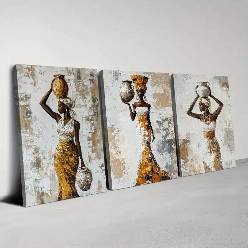 3pcs Elegant African Women with Vase on a table  Wall Art Set Canvas Framed 50x70cm - High Quality Print 100% Australian Made Wall Canvas Ready to Hang - Bella Home Decor