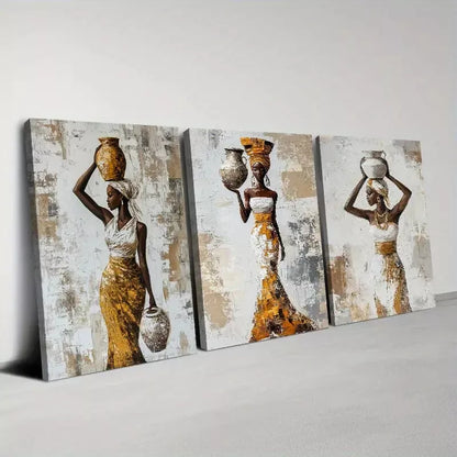 3pcs Elegant African Women with Vase on a table  Wall Art Set Canvas Framed 50x70cm - High Quality Print 100% Australian Made Wall Canvas Ready to Hang - Bella Home Decor