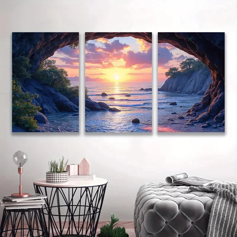 3pcs Meili Cave Seascape Sunset Triptych Wall Art Set Canvas Framed 60x90cm - High Quality Print 100% Australian Made Wall Canvas Ready to Hang