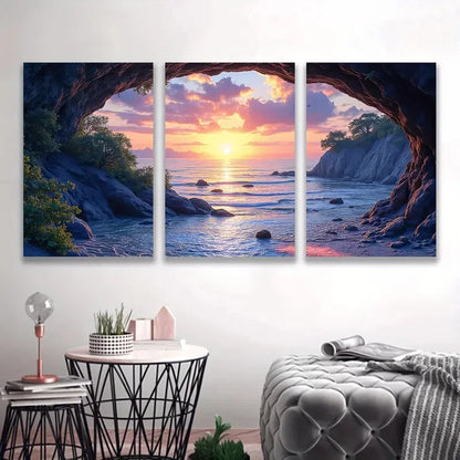 3pcs Meili Cave Seascape Sunset Triptych Wall Art Set Canvas Framed 60x90cm - High Quality Print 100% Australian Made Wall Canvas Ready to Hang
