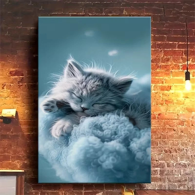Sleeping Kitten in Fluff, Oil Painting Portrait 60x90cm Home Decor Wall Print Art