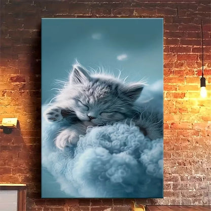 Sleeping Kitten in Fluff, Oil Painting Portrait 60x90cm Home Decor Wall Print Art