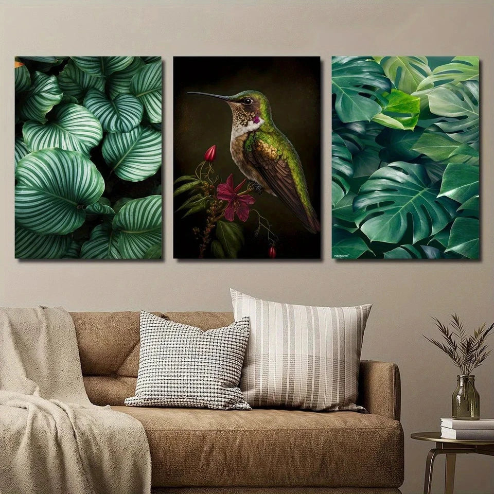 3pcs Plant Leaves And Hummingbird Metal Print Ready to Hang Art