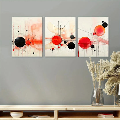 3pcs Geometric Abstract Black & Red Circles Metal Print Ready to Hang Art