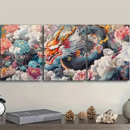 3pcs Vibrant Chinese Dragon Colourful Metal Print Ready to Hang Art