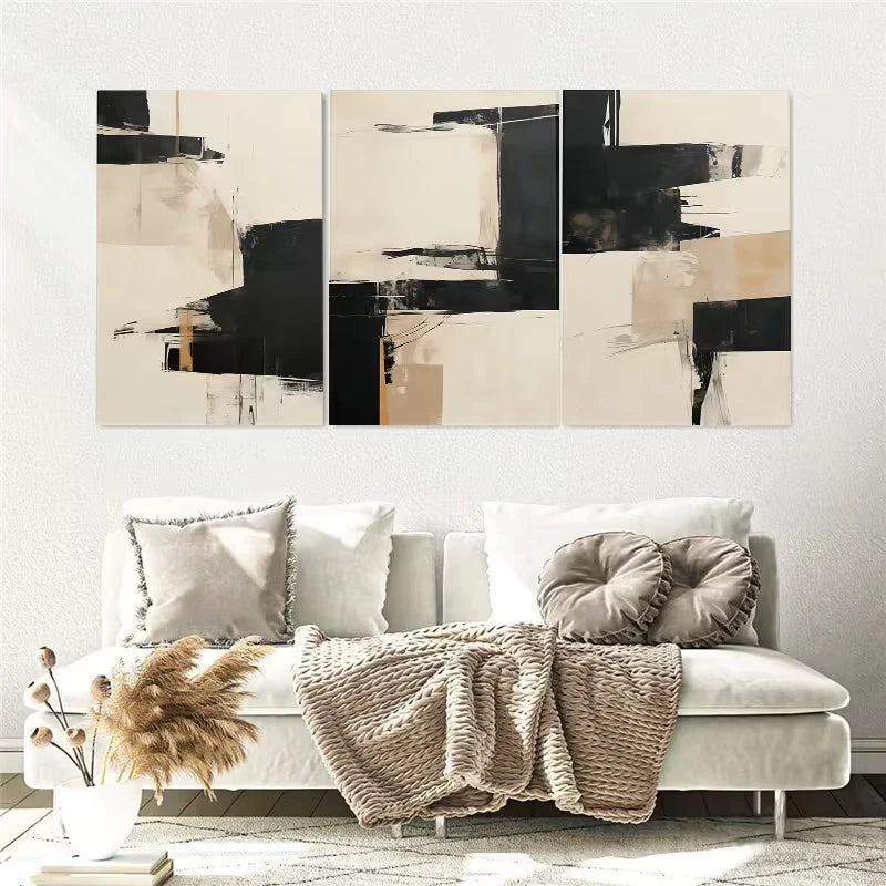 3pcs Black and Beige Abstract Modern Wall Art Set Canvas Framed 50x70cm - High Quality Print 100% Australian Made Wall Canvas Ready to Hang